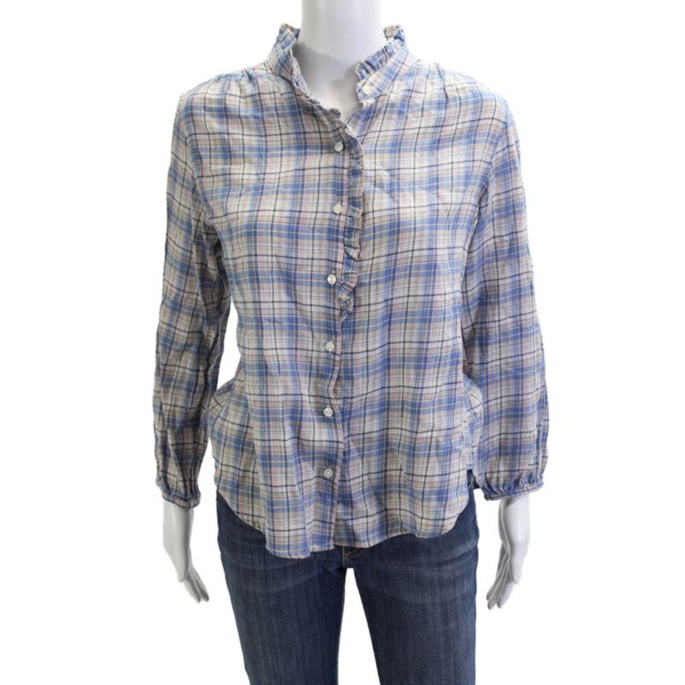 Birds of Paradis Women Blue Plaid Mock Neck Button Up Blouse Size XS